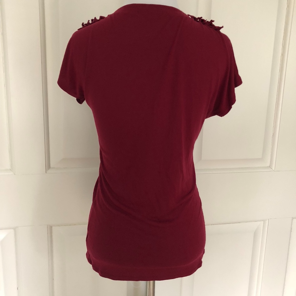 Ruby Red Stretch Knit Blouse Ruching - image 4